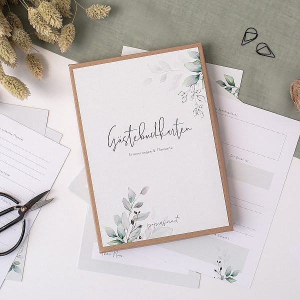 Gästebuchkarten Watercolor Leaves mit Fragen für die Gäste eurer Hochzeit