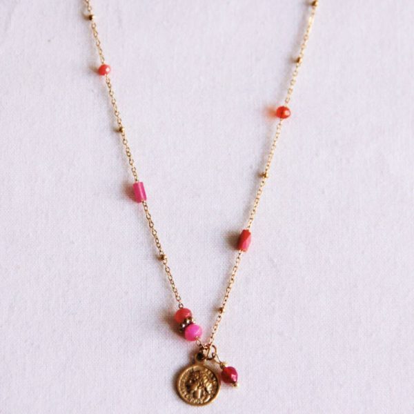 Zarte Kugelhalskette mit Facetten & Münze – Halskette in Rosa & Rot