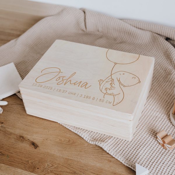 Dino mit Luftballon - Personalisierte Holzbox mit Klappdeckel